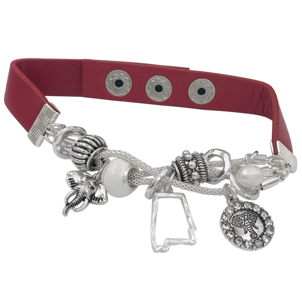 Alabama Elephant Slide Charm Faux Leather Strap Snap Bracelet